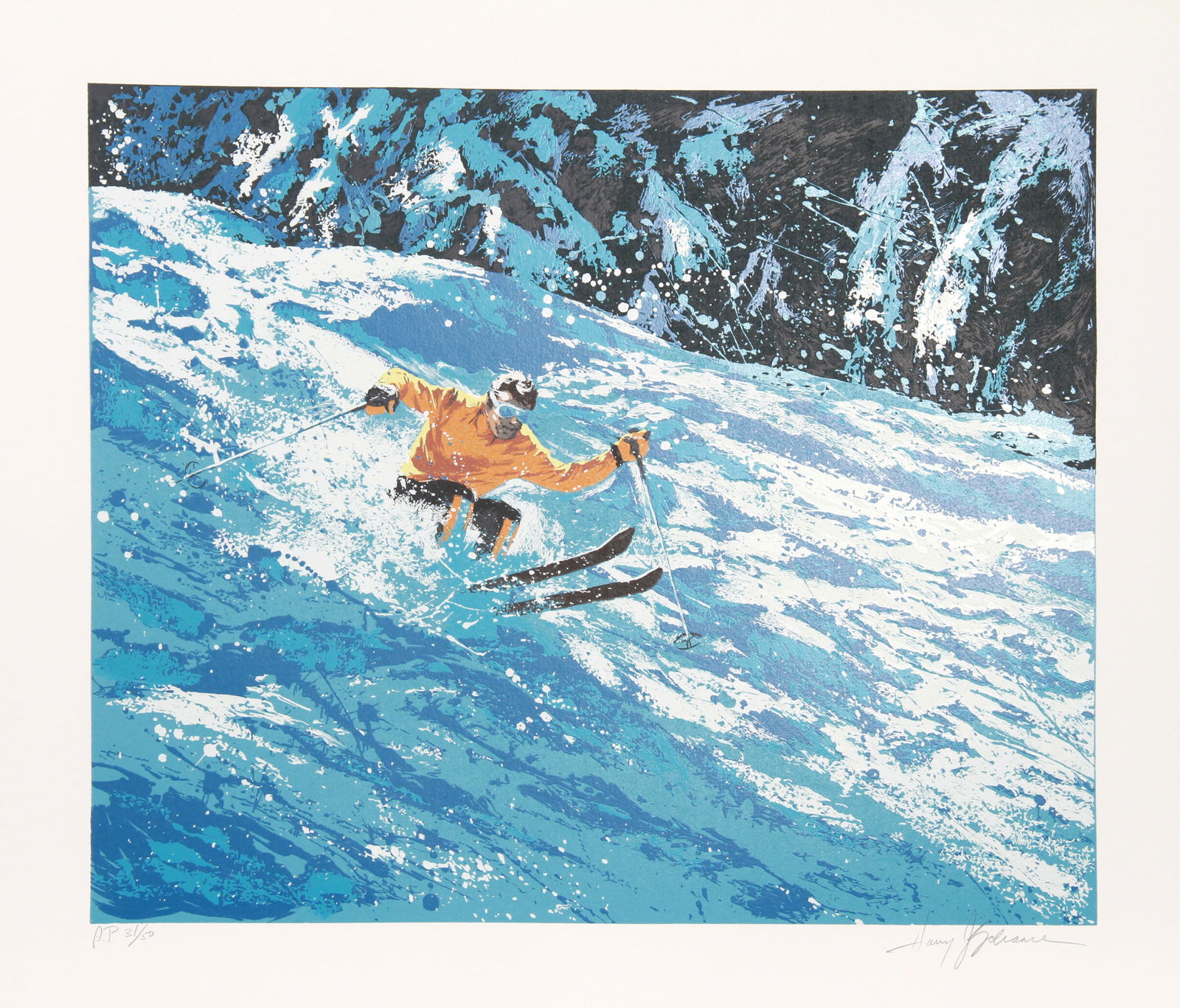 Harry Schaare, Skiing II, Screenprint: Artist: Harry Schaare, American (1922 - 2008) Title: Skiing II Year: 1979 Medium: Screenprint, signed and numbered in pencil Edition: 300, AP 50 Image Size: 20 x 24 inches Size: 26 in. x 30 in. (66.04