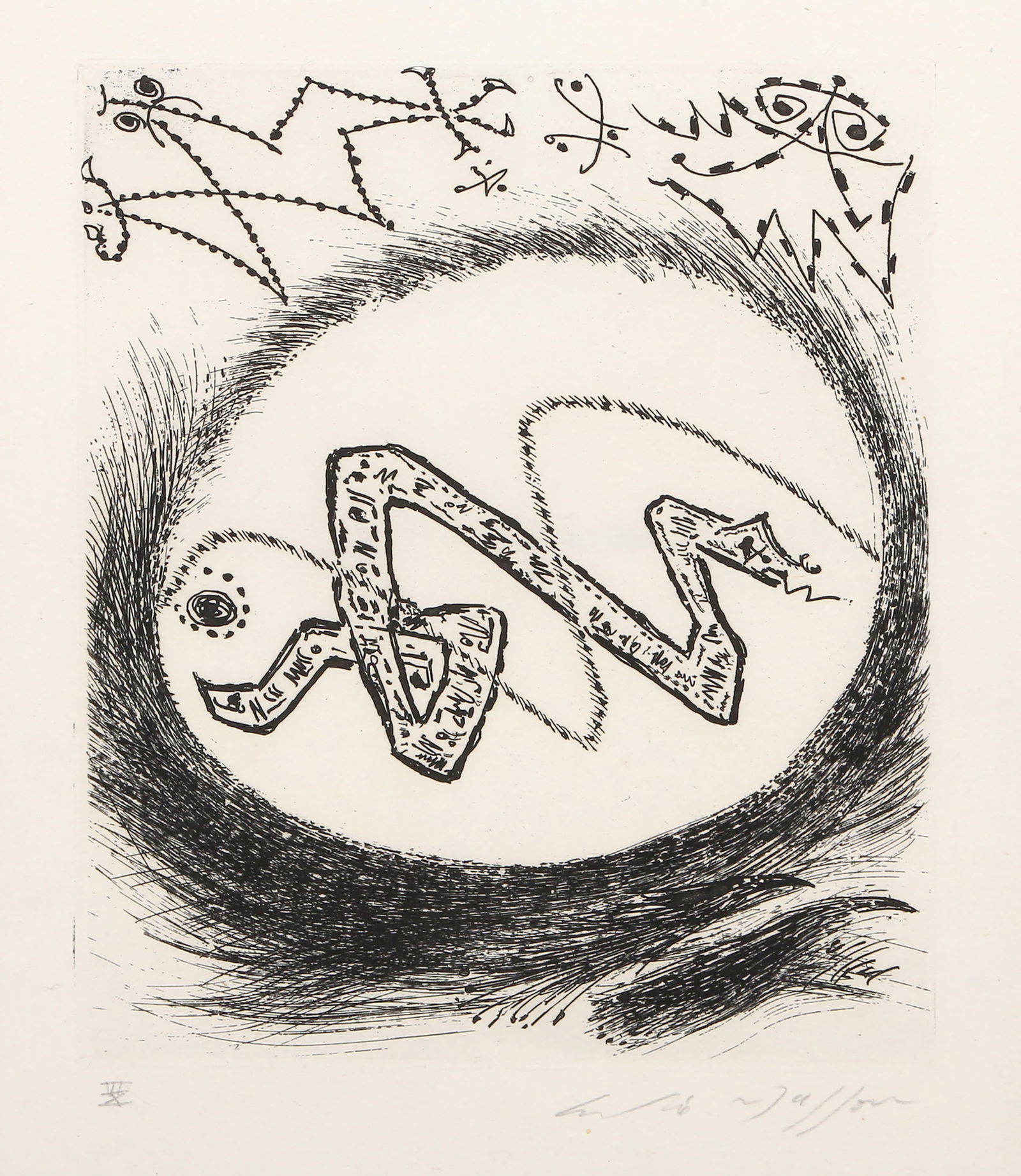 Andre Masson, Black and White Serpent, Etching on Japon: Artist: Andre Masson, French (1896 - 1987) Title: Black and White Serpent Portfolio: Les poemes de Saint-Pol Year: 1957 Medium: Etching on Japon, signed and numbered in pencil Edition: III/X Image Siz