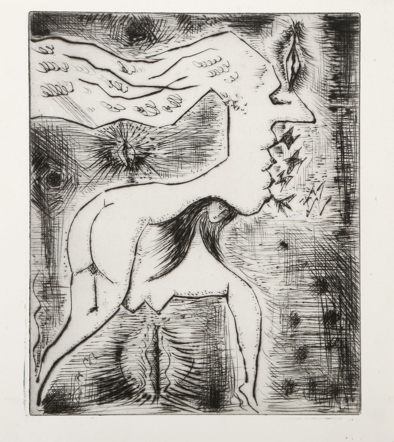 Andre Masson, Deux Femmes en une, Etching: Artist: Andre Masson, French (1896 - 1987) Title: Deux Femmes en une Year: 1956 Medium: Etching Image Size: 9.75 x 8 inches Size: 11 x 9.75 in. (27.94 x 24.77 cm) Description: From the collection of t