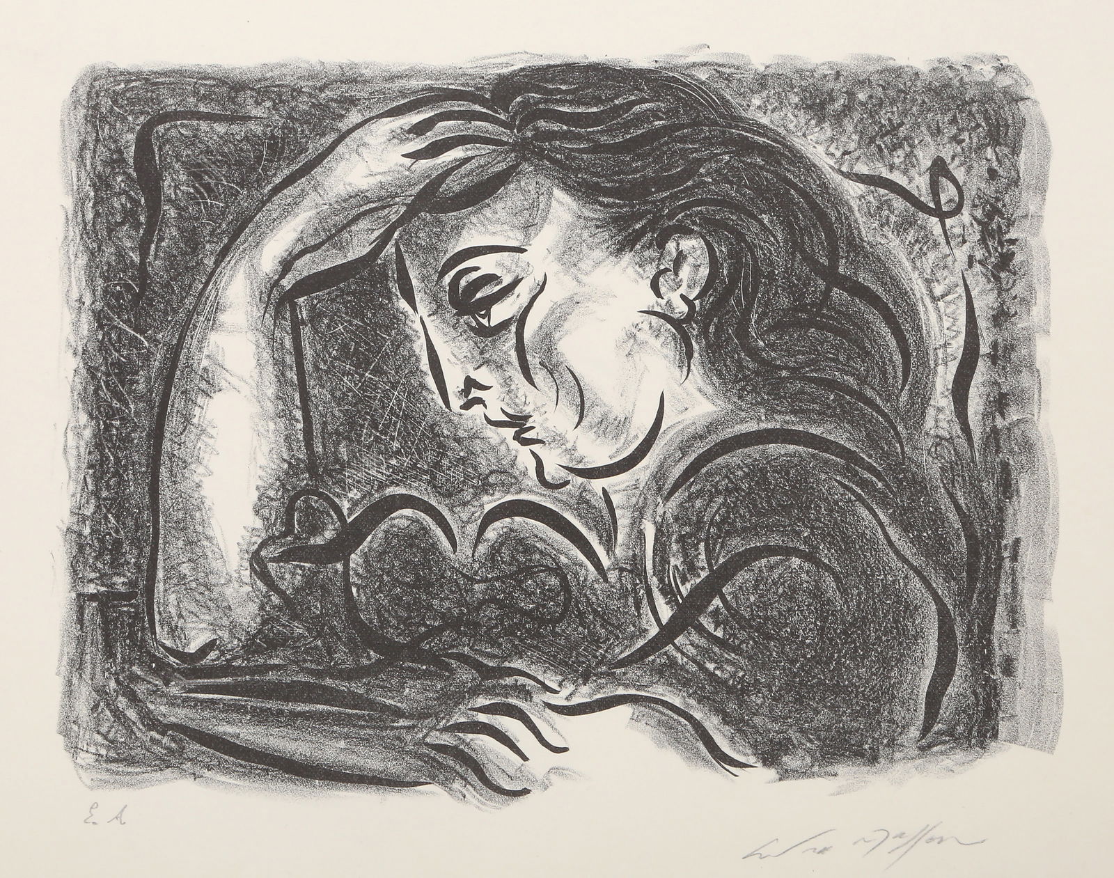 Andre Masson, Meditation, Lithograph: Artist: Andre Masson, French (1896 - 1987) Title: Meditation Year: 1945 Medium: Lithograph, signed and numbered in pencil Image Size: 8 x 11 inches Size: 11 x 14 in. (27.94 x 35.56 cm) Printer: George