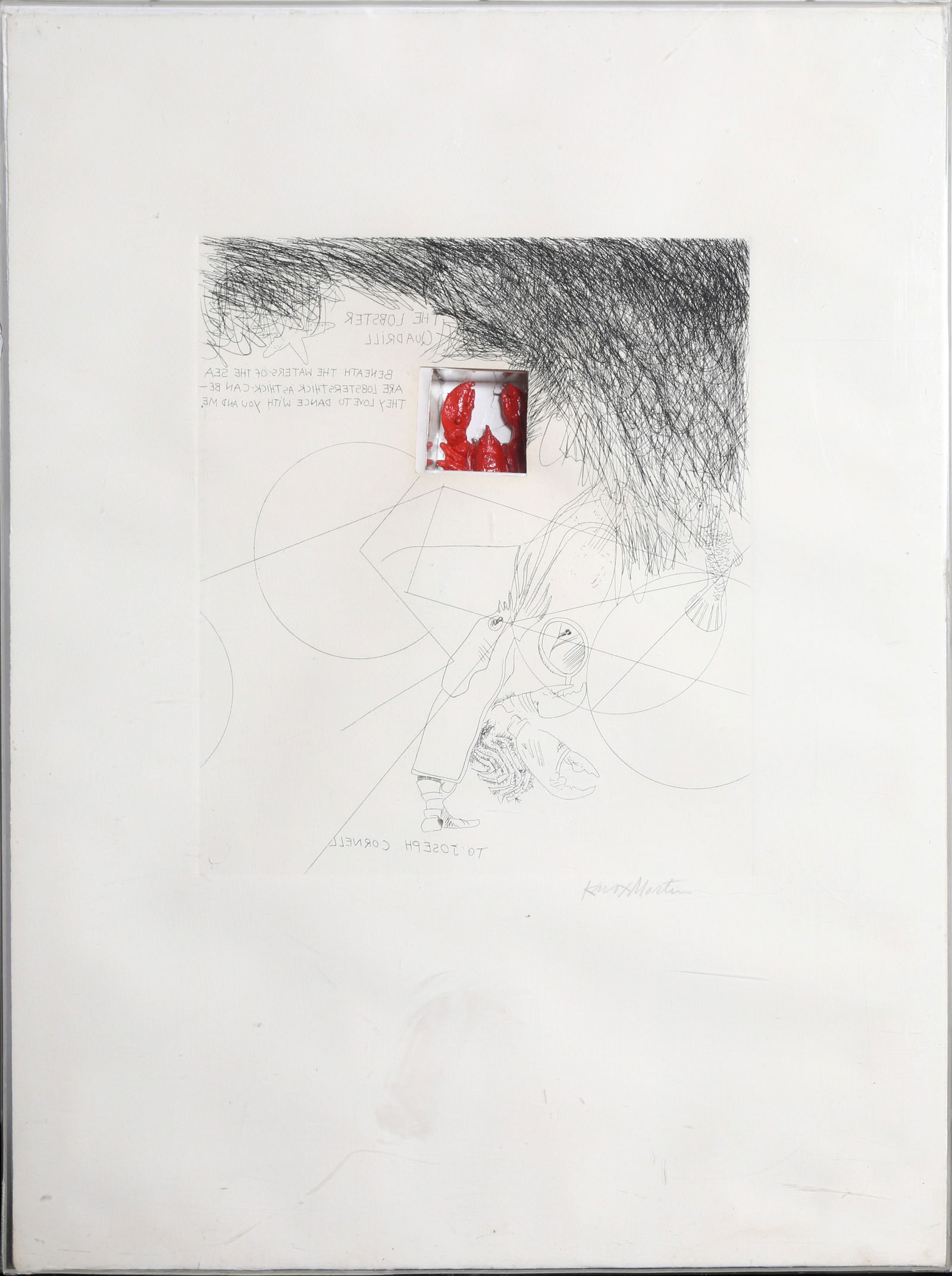 Knox Martin, Lobster (Hommage to Joseph Cornell), Etching with Drypoint and Plastic Lobster: Artist: Knox Martin, American (1923 - 2022) Title: Lobster (Hommage to Joseph Cornell) Year: circa 1980 Medium: Etching with Drypoint and Plastic Lobster, signed in pencil Image Size: 12.5 x 11.5 inch