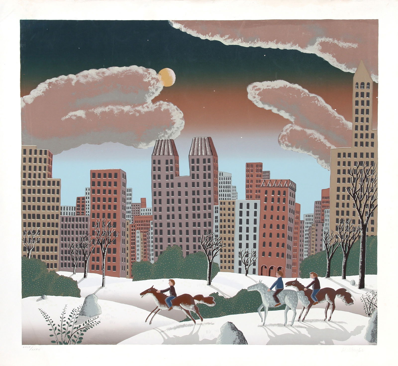 Thomas McKnight, Central Park II, Screenprint: Artist: Thomas McKnight, American (1941 - ) Title: Central Park II Year: 1980 Medium: Screenprint, signed and numbered in pencil Edition: LXXV Image Size: 26 x 28.5 inches Size: 29.5 x 34 in. (74.93 x