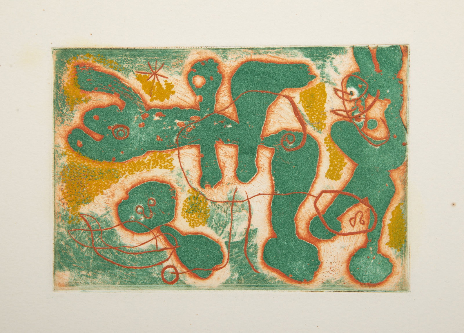 Joan Miro, Anti Platon (D 320), Etching on Rives: Artist: Joan Miro, Spanish (1893 - 1983) Title: Anti Platon (D 320) Year: 1962 Medium: Etching on Rives Edition: 125 Image Size: 3.5 x 5 inches Size: 13 x 10.5 in. (33.02 x 26.67 cm) Printer: Lacourie