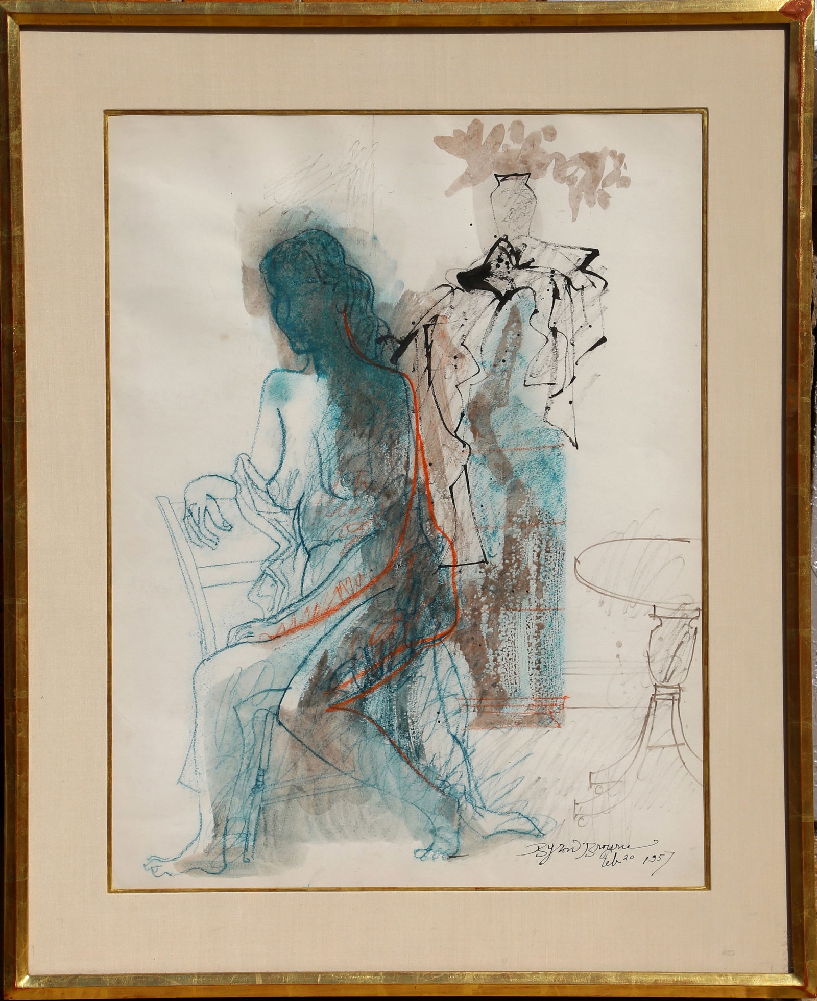 Byron Browne, Seated Nude, Pastel and Watercolor on Paper: Artist: Byron Browne, American (1907 - 1961) Title: Seated Nude Year: 1957 Medium: Pastel and Watercolor on Paper, signed and dated l.r. Image Size: 25.5 x 19.5 inches Frame Size: 32.5 x 26.5 inches