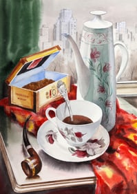 Erik Freyman, Pipe and Coffee, Watercolor with pastel