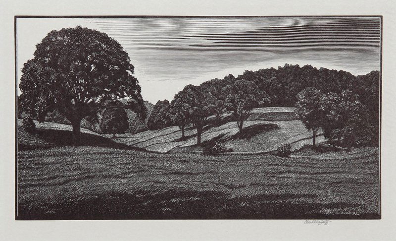 Asa Cheffetz, Country Scene, Wood Engraving: Artist: Asa Cheffetz, American (1897 - 1965) Title: Country Scene Year: circa 1945 Medium: Wood Engraving, signed in pencil Image Size: 5 x 9 inches Size: 9 in. x 11.5 in. (22.86 cm x 29.21 cm)