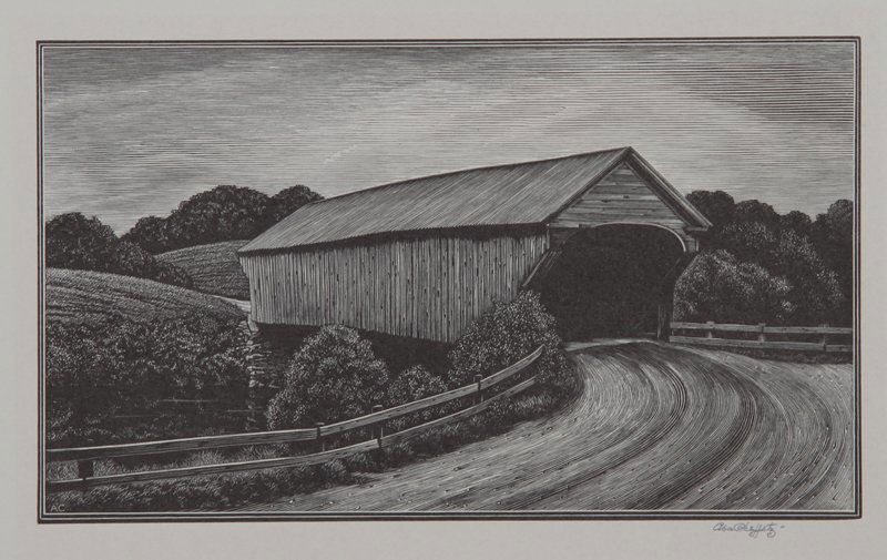 Asa Cheffetz, A Covered Bridge, Wood Engraving: Artist: Asa Cheffetz, American (1897 - 1965) Title: A Covered Bridge Year: circa 1940 Medium: Wood Engraving, signed in pencil Image Size: 5 x 8.5 inches Size: 9.5 in. x 12 in. (24.13 cm x 30.48 cm)