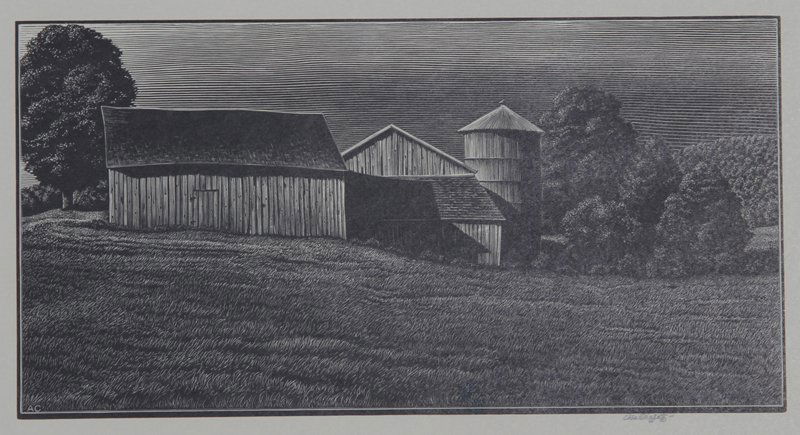 Asa Cheffetz, Farm Buildings, Wood Engraving: Artist: Asa Cheffetz, American (1897 - 1965) Title: Farm Buildings Year: circa 1940 Medium: Wood Engraving, signed in pencil Image Size: 5 x 9 inches Size: 9.5 in. x 13 in. (24.13 cm x 33.02 cm)