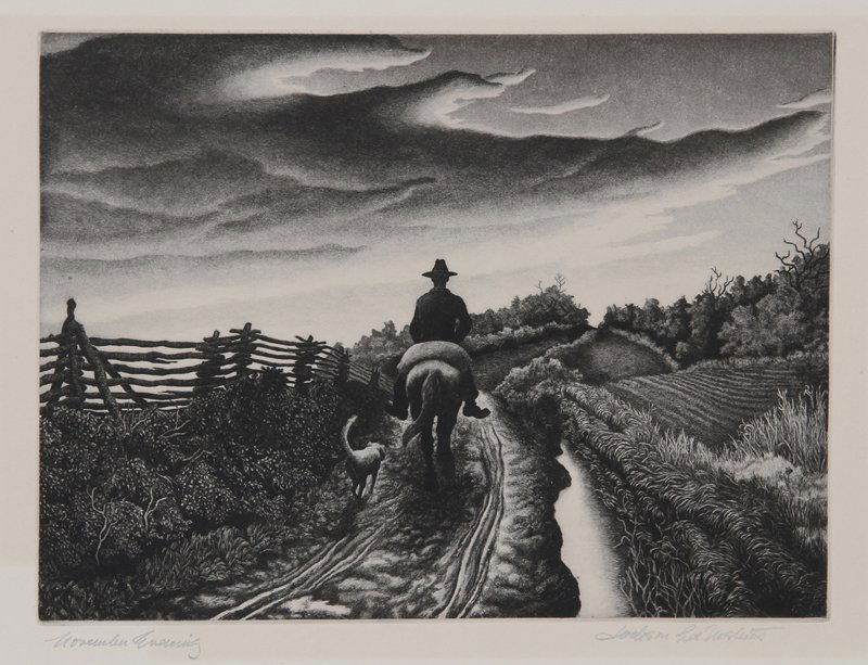 Jackson Lee Nesbitt, November Evening, Etching: Artist: Jackson Lee Nesbitt, American (1913 - 2008) Title: November Evening Year: 1946 Medium: Etching, signed and titled in pencil Image Size: 9.5 x 13.5 inches Size: 12 in. x 14.25 in. (30.48 cm x 3