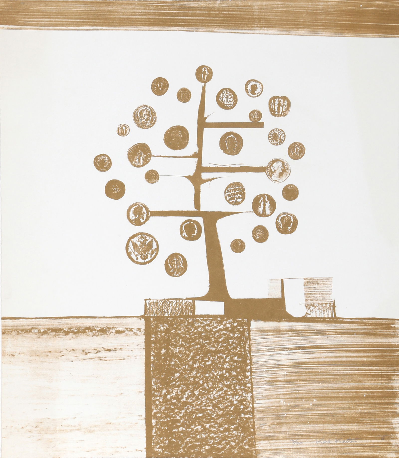 Karl Kasten, Money Tree, Lithograph: Artist: Karl Kasten, American (1916 - 2010) Title: Money Tree Year: 1968 Medium: Lithograph, signed and numbered in pencil Edition: 12/20 Size: 21.75 x 19 in. (55.25 x 48.26 cm)