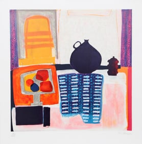 Wendy Chazin, Blue Pitcher on Tablecloth, Lithograph on Arches