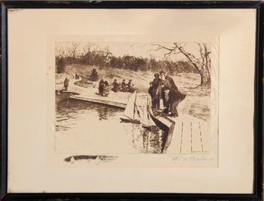 Otto Bacher, Sailing Toy Yachts in Central Park, Etching