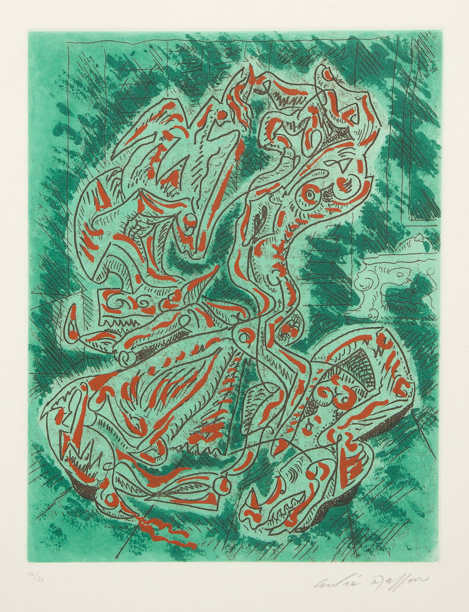 Andre Masson, Dragon vert, Etching and aquatint: Artist: Andre Masson, French (1896 - 1987) Title: Dragon vert Year: Medium: Etching and aquatint, signed and numbered in pencil Edition: 14/50 Image Size: 10.5 x 8 inches Size: 16.25 x 13 in. (41.28 x