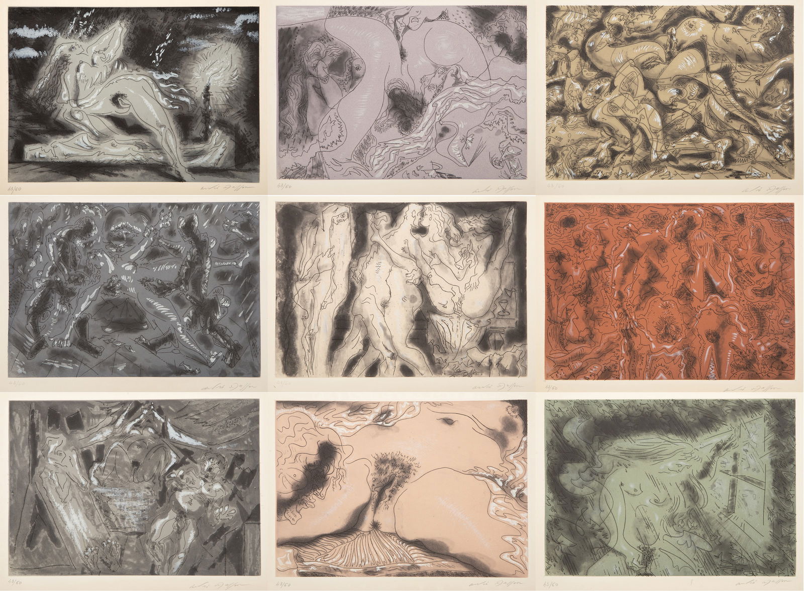 Andre Masson, Le Mort Suite, Complete Suite of 9 Etching and aquatints: Artist: Andre Masson, French (1896 - 1987) Title: Le Mort Suite Year: 1964 Medium: Complete Suite of 9 Etching and aquatints, each signed and numbered in pencil Edition: 43/60 Image Size: 9 x 12.75 in