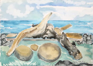 Harold Wallerstein, Ocean Landscape with Tree Roots, Watercolor on Paper