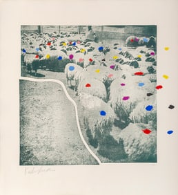 Menashe Kadishman, Sheep on Green with Multi Dots, Etching and Screenprint