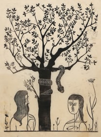 W Hahn, Adam & Eve, Woodblock on Japon