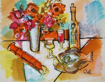 Charles Cobelle, Still Life Boquet with Fish, Acrylic and Watercolor on Paper.