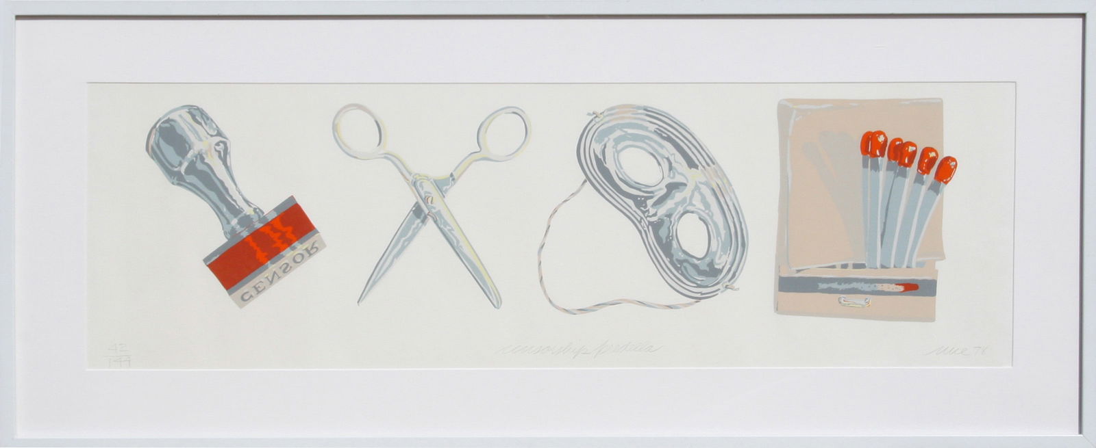 Don Nice, Censorship, Lithograph: Artist: Don Nice, American (1932 - 2019) Title: Censorship Year: 1978 Medium: Lithograph, signed and numbered in pencil Edition: 144 Size: 12 x 37.5 in. (30.48 x 95.25 cm) Frame Size: 12.5 x 38 inches