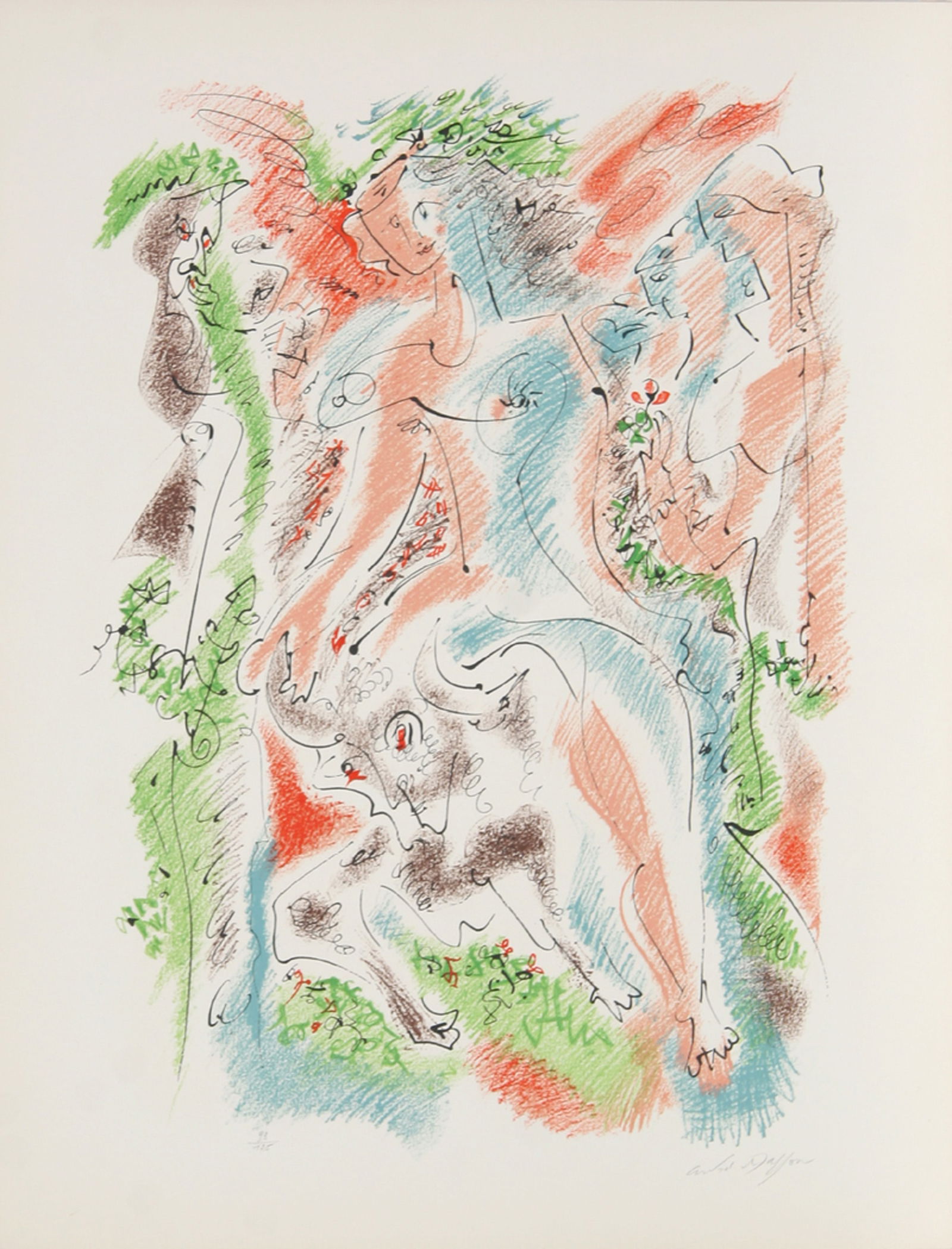Andre Masson, Bacchanale from Je Reve Portfolio, Lithograph on Arches: Artist: Andre Masson, French (1896 - 1987) Title: Bacchanale from Je Reve Portfolio Year: 1975 Medium: Lithograph on Arches, Signed and numbered in pencil Edition: 93/125 Size: 26 in. x 20 in. (66.04
