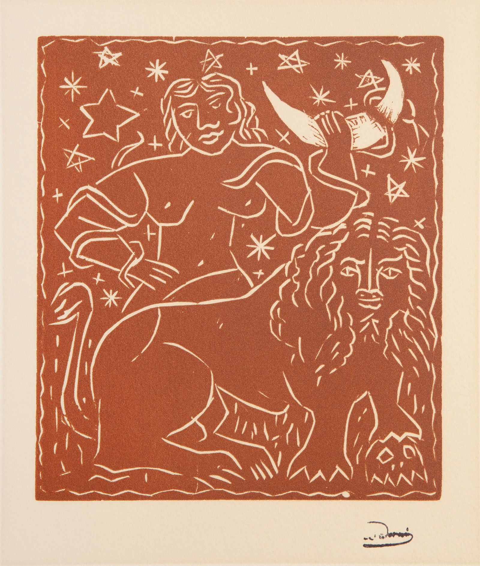 Andre Derain, Zodiac, Woodblock on Arches: Artist: Andre Derain, French (1880 - 1954) Title: Zodiac Medium: Woodblock on Arches, stamp signed Image Size: 8.75 x 7.5 inches Size: 17.5 x 13 in. (44.45 x 33.02 cm) Description: From the collection