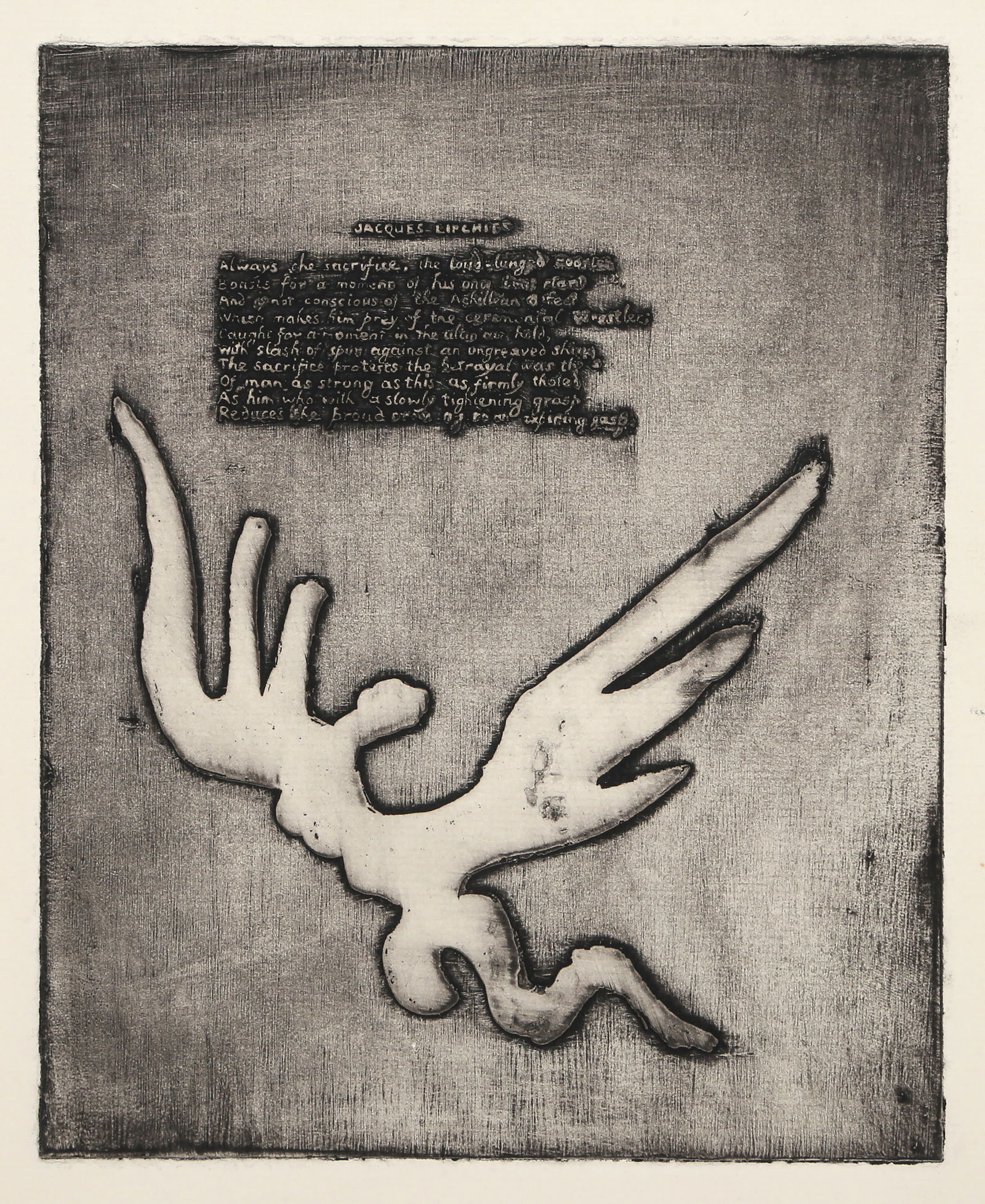Jacques Lipchitz, Ruthven Todd Poem III, Etching and Aquatint on laid paper: Artist: Jacques Lipchitz, Lithuanian (1891 - 1973) Title: Ruthven Todd Poem III Year: 1947 Medium: Etching and Aquatint on laid paper, signed in the plate Image Size: 8.5 x 6.75 inches Size: 15 x 11.5