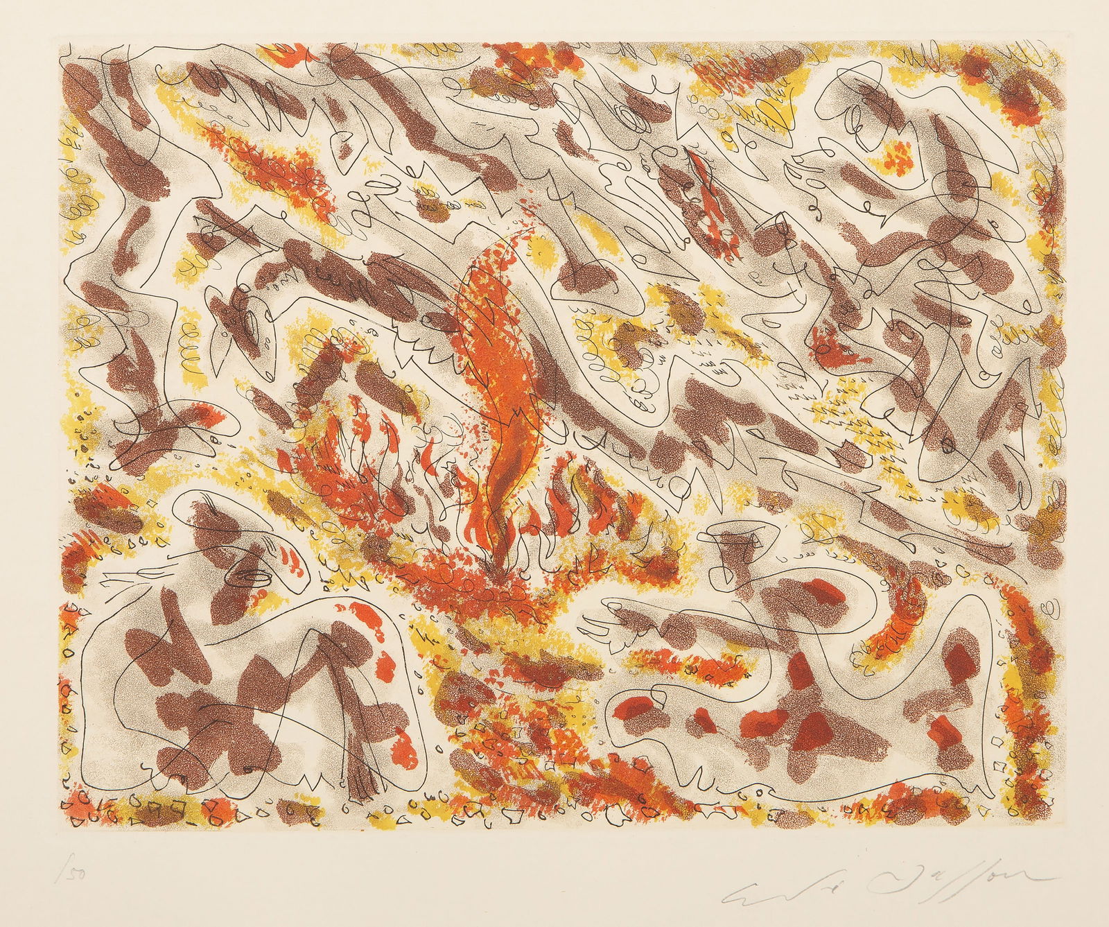Andre Masson, Dance de feu, Color Etching on BFK Rives: Artist: Andre Masson, French (1896 - 1987) Title: Dance de feu Year: circa 1960 Medium: Color Etching on BFK Rives, signed and numbered in pencil Edition: 50 Image Size: 8 x 10.5 inches Size: 11 x 15