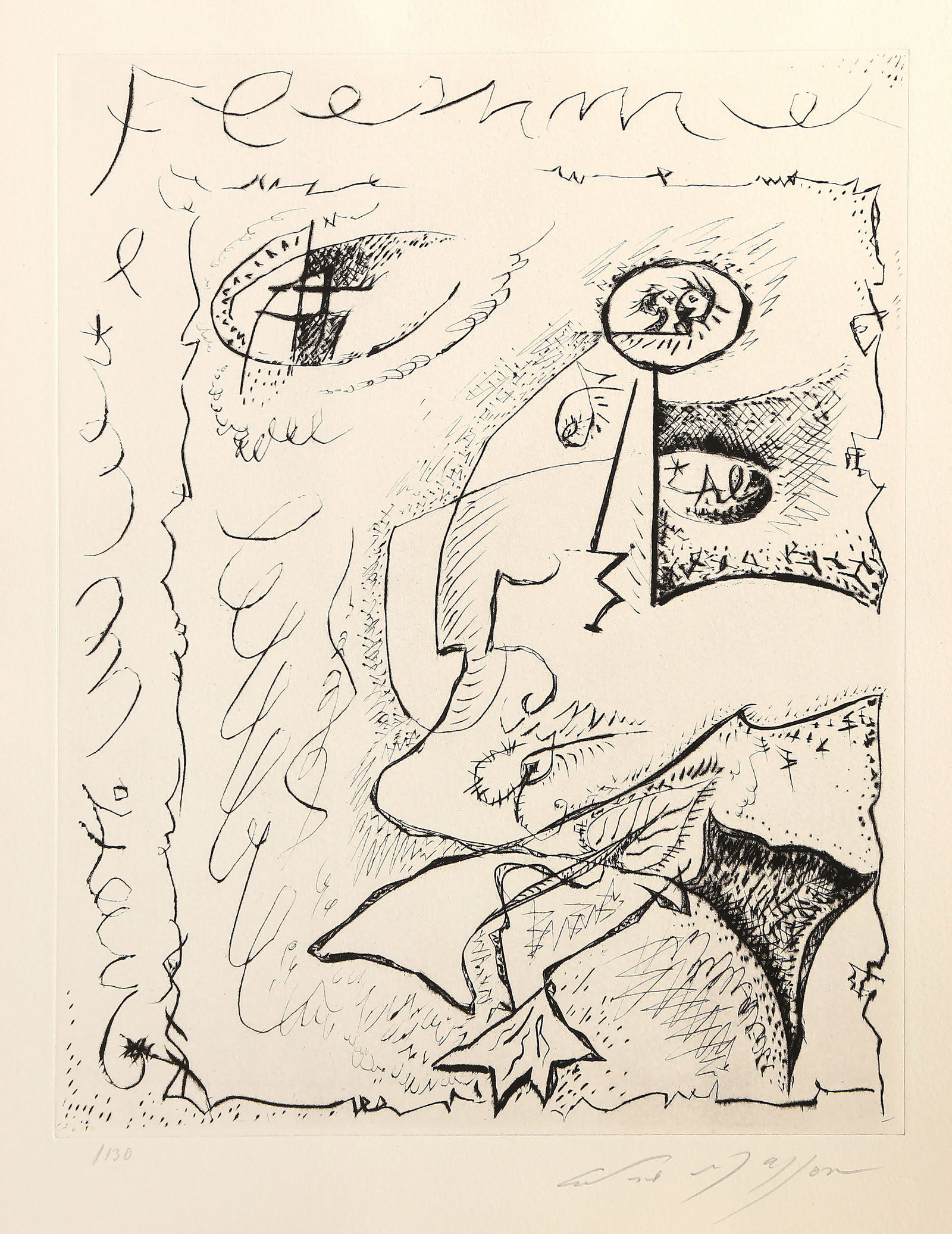 Andre Masson, Untitled II from Body and Heart, Etching on Arches: Artist: Andre Masson, French (1896 - 1987) Title: Untitled II from Body and Heart Year: 1968 Medium: Etching on Arches, signed and numbered in pencil Edition: 130 Image Size: 11.75 x 9.25 inches Size: