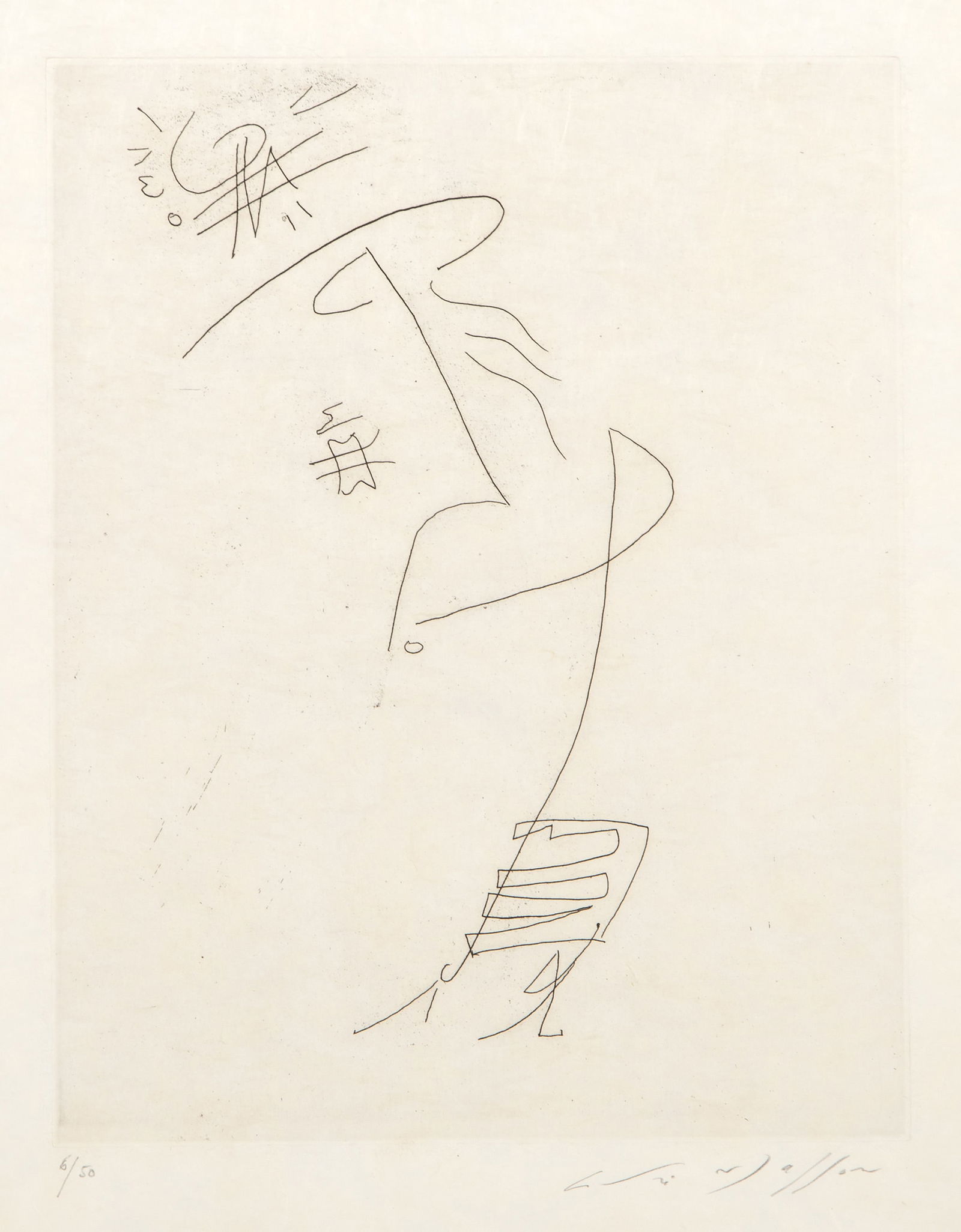 Andre Masson, Dame au Jules, Etching on Japon: Artist: Andre Masson, French (1896 - 1987) Title: Dame au Jules Year: 1968 Medium: Etching on Japon, signed and numbered in pencil Edition: 6/50 Image Size: 10.5 x 8.25 inches Size: 15 x 11 in. (38.1