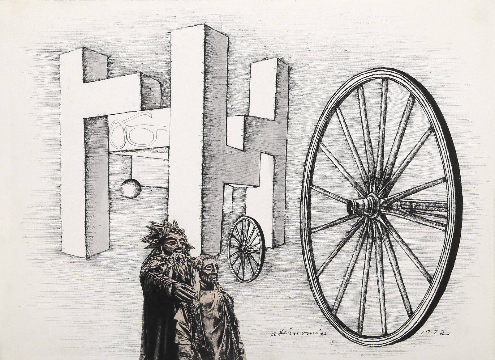 Rita Simon (aka Atirnomis), Oedipus Specs, Ink, Graphite and Collage on Paper: Artist: Rita Simon (aka Atirnomis), American (1938 - ) Title: Oedipus Specs Year: 1972 Medium: Ink, Graphite and Collage on Paper, signed and dated in ink lower right, titled in ink on verso Image Siz