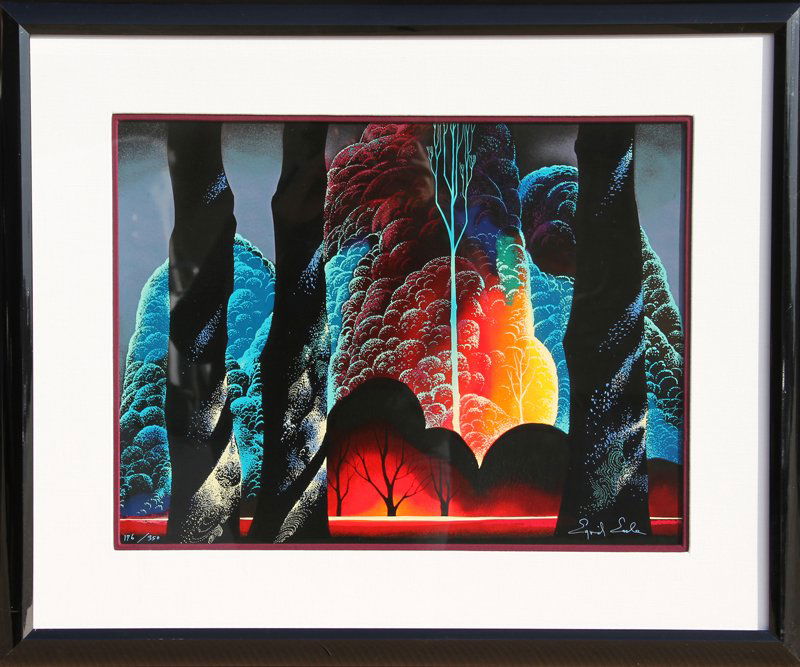 Eyvind Earle, Forest Symphony, Serigraph : Artist: Eyvind Earle, American (1916 - 2000) Title: Forest Symphony Year: 1992 Medium: Serigraph, signed and numbered in ink Edition: 176/350 Size: 16 in. x 22 in. (40.64 cm x 55.88 cm) Frame Size: 26