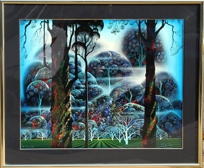 Eyvind Earle, Myst in the Dark Woods, Serigraph : Artist: Eyvind Earle, American (1916 - 2000) Title: Myst in the Dark Woods Medium: Serigraph, signed and numbered in ink Edition: 176/350 Size: 31 in. x 39 in. (78.74 cm x 99.06 cm) Frame Size: 41 x 4