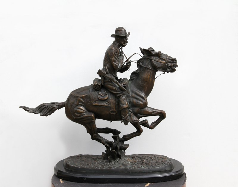 Frederic Remington, Trooper of the Plains, Bronze Sculp: Artist: Frederic Remington, American (1861 - 1909) Title: Trooper of the Plains Medium: Bronze Sculpture, signature inscribed Size: 19.5 in. x 22 in. x 5.5 in. (49.53 cm x 55.88 cm x 13.97 cm)