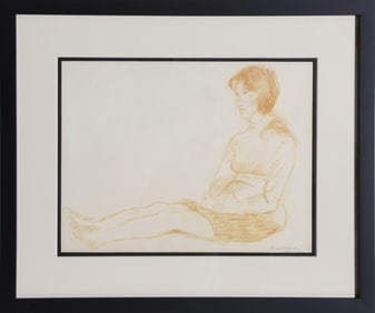 Raphael Soyer, Seated Girl in Turtleneck, Sepia Pencil on Paper