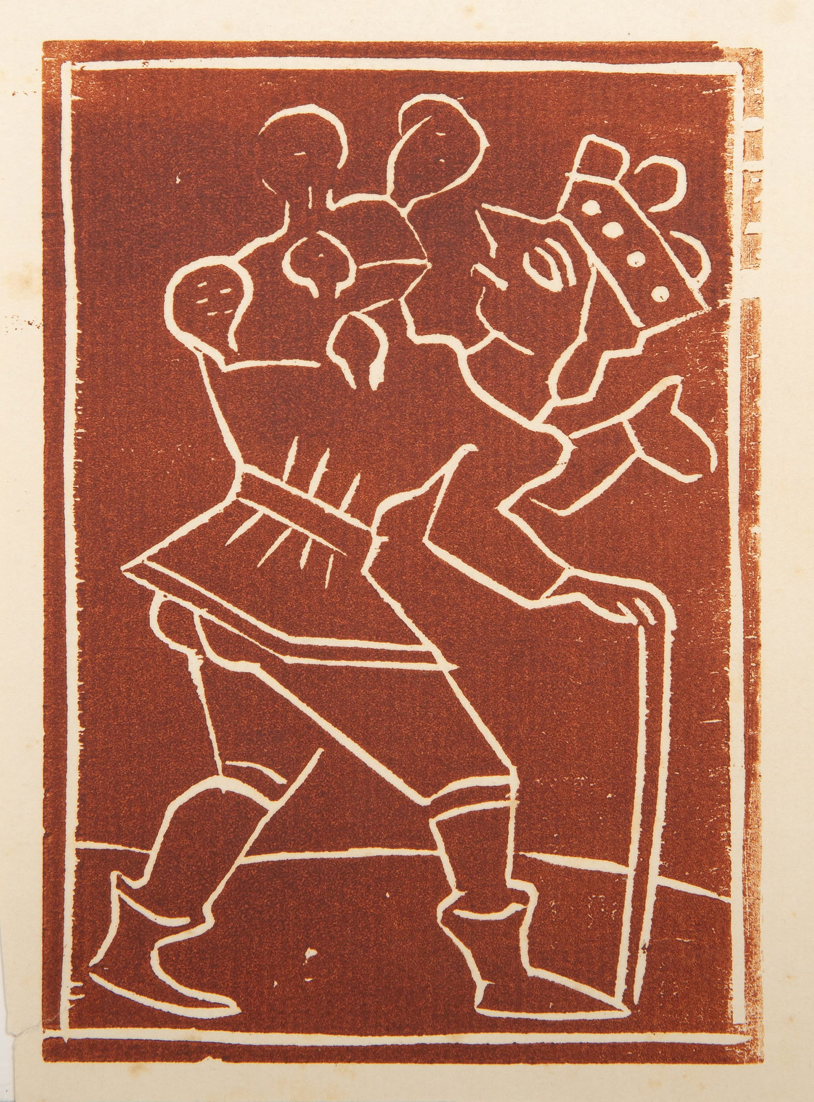 Andre Derain, Man with Cane, Woodblock on laid paper: Artist: Andre Derain, French (1880 - 1954) Title: Man with Cane Year: circa 1950 Medium: Woodblock on laid paper Image Size: 4.25 x 3 inches Size: 5.25 x 4 in. (13.34 x 10.16 cm) Description: From the