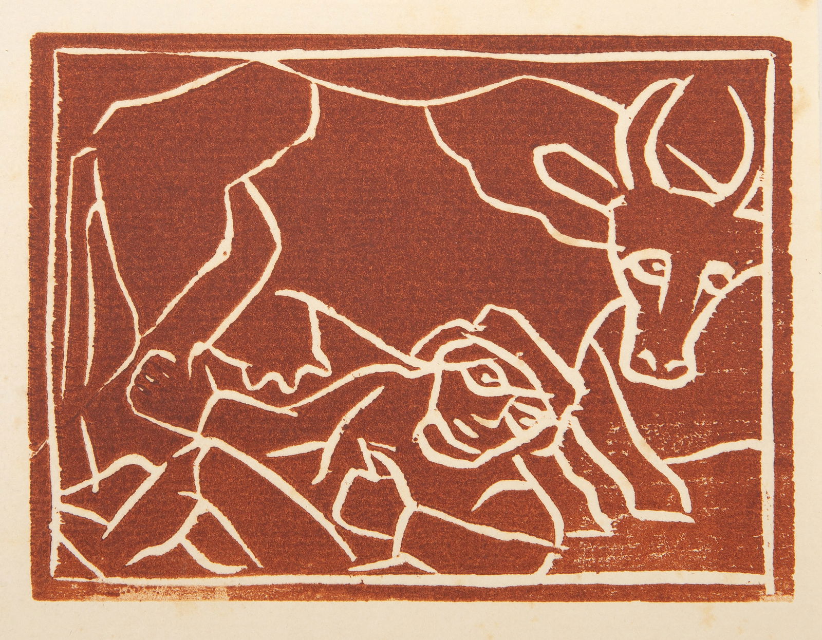 Andre Derain, Man with Cow, Woodblock on laid paper: Artist: Andre Derain, French (1880 - 1954) Title: Man with Cow Year: circa 1950 Medium: Woodblock on laid paper Image Size: 2.75 x 3.75 inches Size: 3.75 x 5 in. (9.53 x 12.7 cm) Description: From the