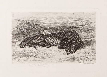 Eugene Delacroix, Tiger Sleeping in the Desert, Etching: Artist: Eugene Delacroix, French (1798 - 1863) Title: Tiger Sleeping in the Desert Year: 1846 Medium: Etching, signed in the plate Image Size: 3 x 4.75 inches Size: 12.5 x 17.75 in. (31.75 x 45.09 cm)
