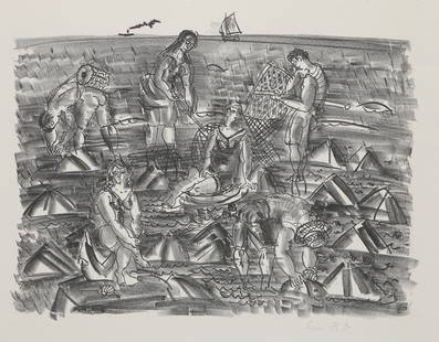 Raoul Dufy, Pecheurs de crevettes, Lithograph on BFK Rives: Artist: Raoul Dufy, French (1877 - 1953) Title: Pecheurs de crevettes Portfolio: Album La Mer Year: 1925 Medium: Lithograph on BFK Rives, signed in pencil Image Size: 13.25 x 17.25 inches Size: 19 x 2