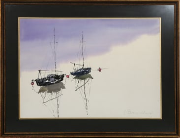 Emile Rampelberg, Two Sailboats, Watercolor on paper