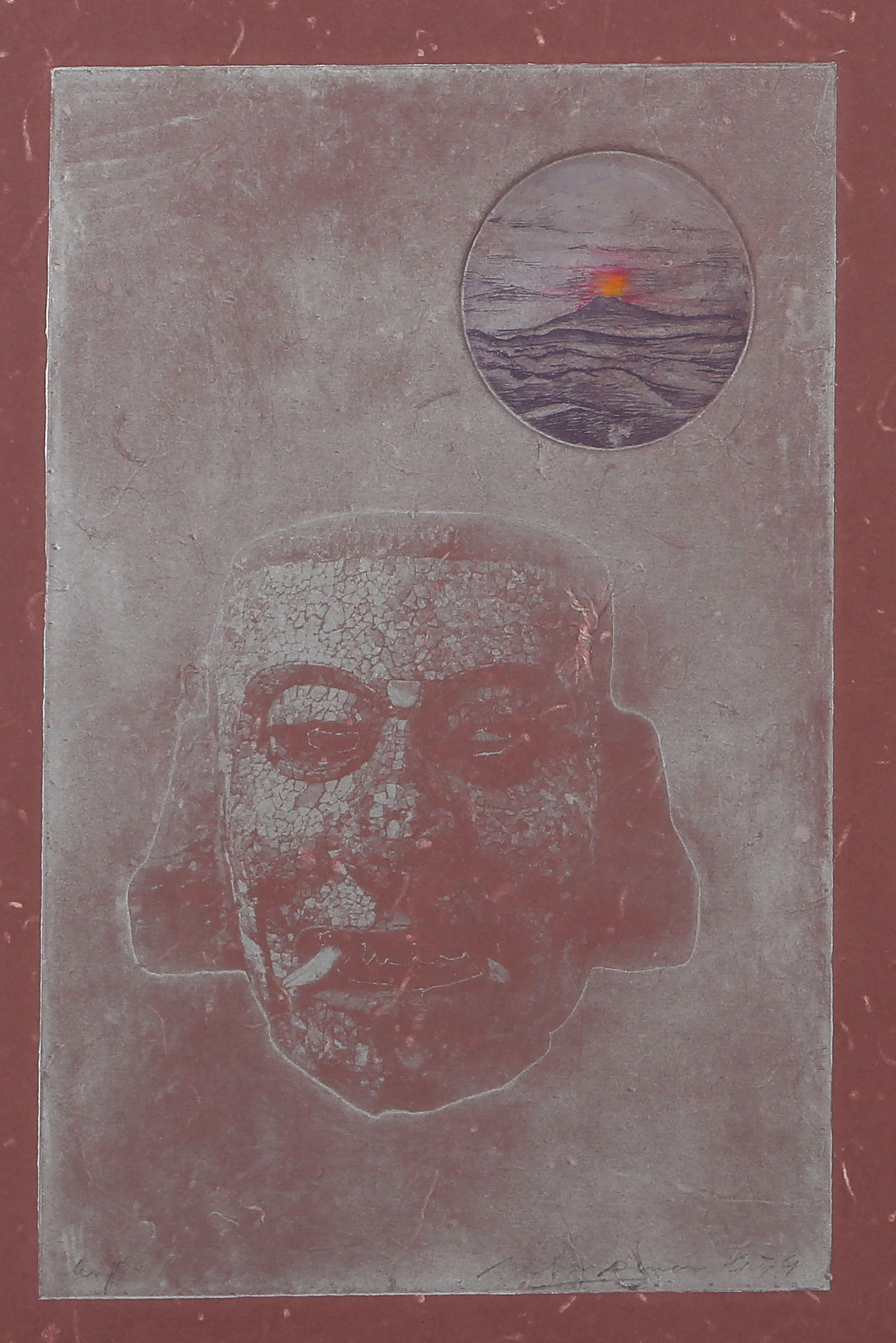 Rita Simon, Man at Dusk, Hand colored Etching and Embossing on dyed handmade paper: Artist: Rita Simon (aka Atirnomis), American (1938 - ) Title: Man at Dusk Year: 1979 Medium: Hand colored Etching and Embossing on dyed handmade paper, signed, numbered and dated in pencil Edition: AP