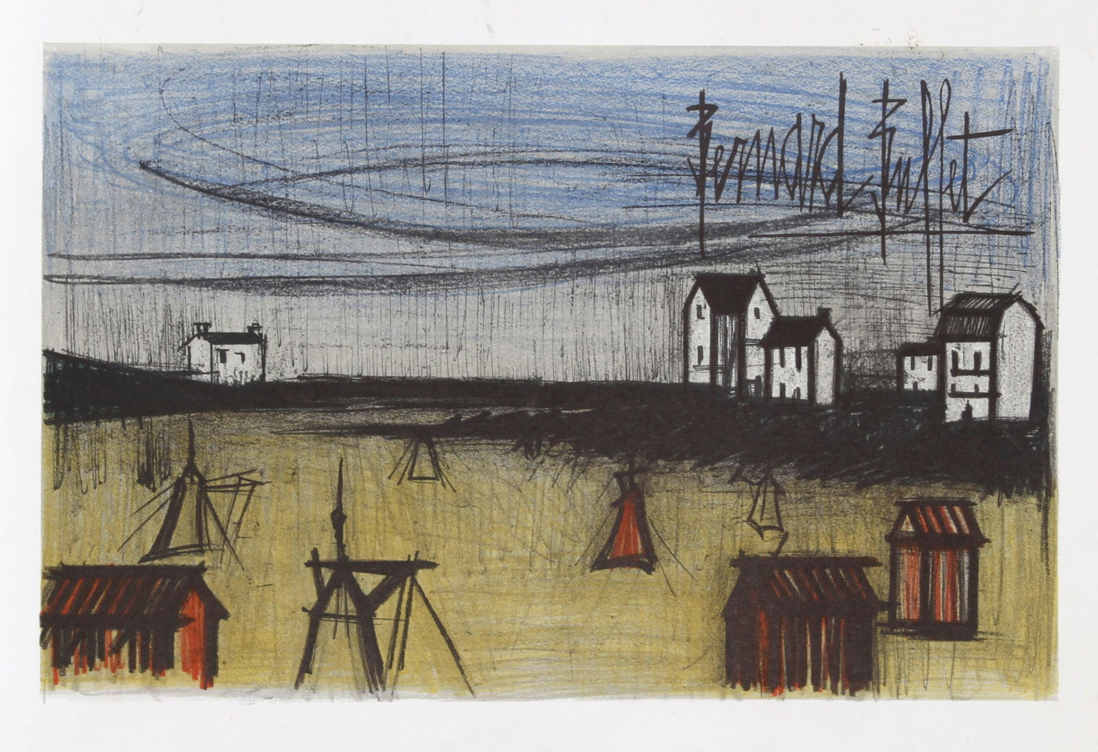 Bernard Buffet, Small Beaches, Lithograph: Artist: Bernard Buffet, French (1928 - 1999) Title: Small Beaches Year: 1966 Medium: Lithograph, signed in the plate Size: 18.25 x 25.5 in. (46.36 x 64.77 cm) Printer: Mourlot, Paris Description: A ha