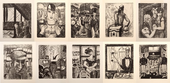 Marcel Gromaire, Vers un Monde Volage II, Suit of 10 Etchings on thin laid paper with gilt edges