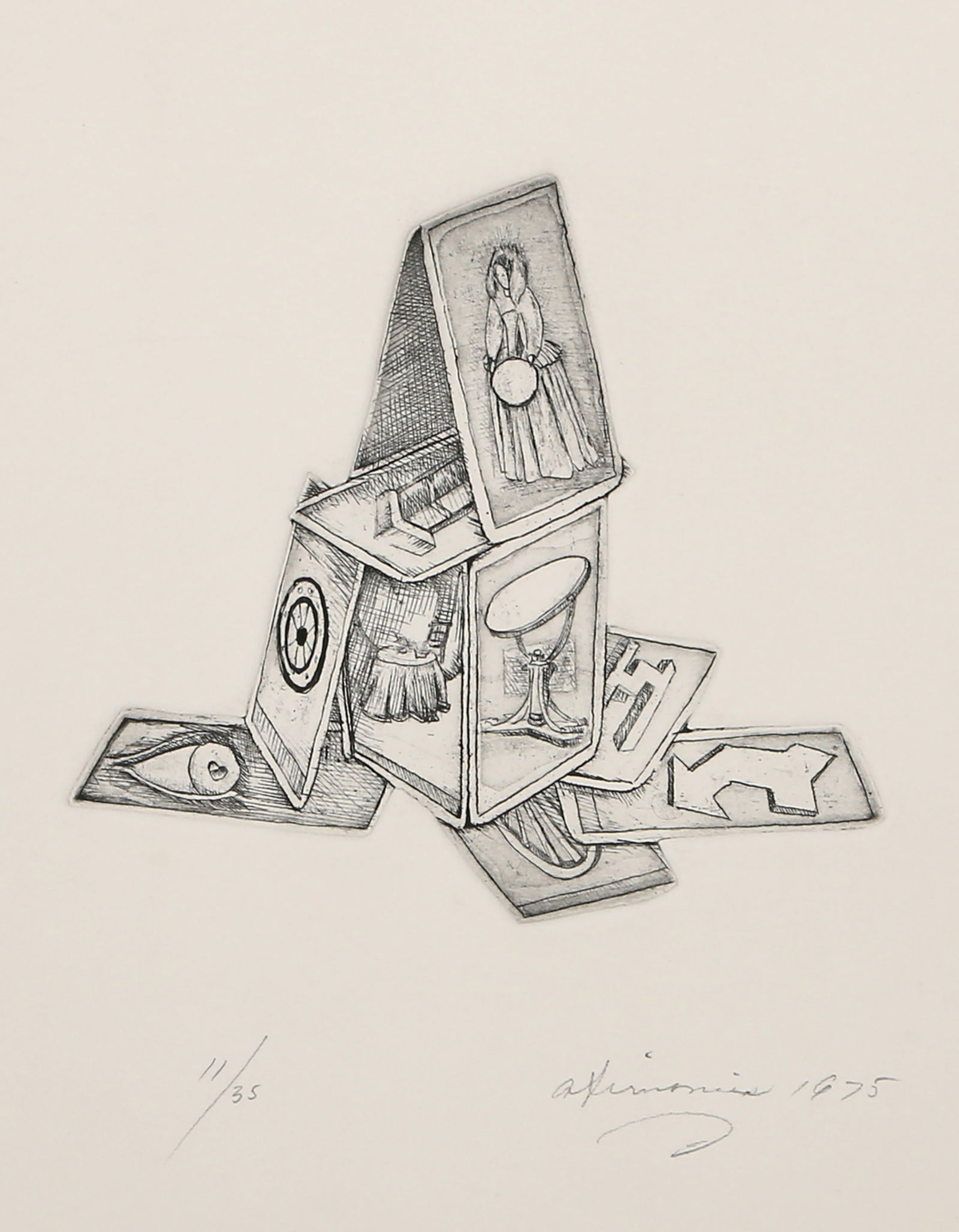 Rita Simon (aka Atirnomis), House of Cards, Etching with embossing: Artist: Rita Simon (aka Atirnomis), American (1938 - ) Title: House of Cards Year: 1975 Medium: Etching with embossing signed, dated and numbered in pencil Edition: 11/35 Image Size: 7 x 7.5 inches Si