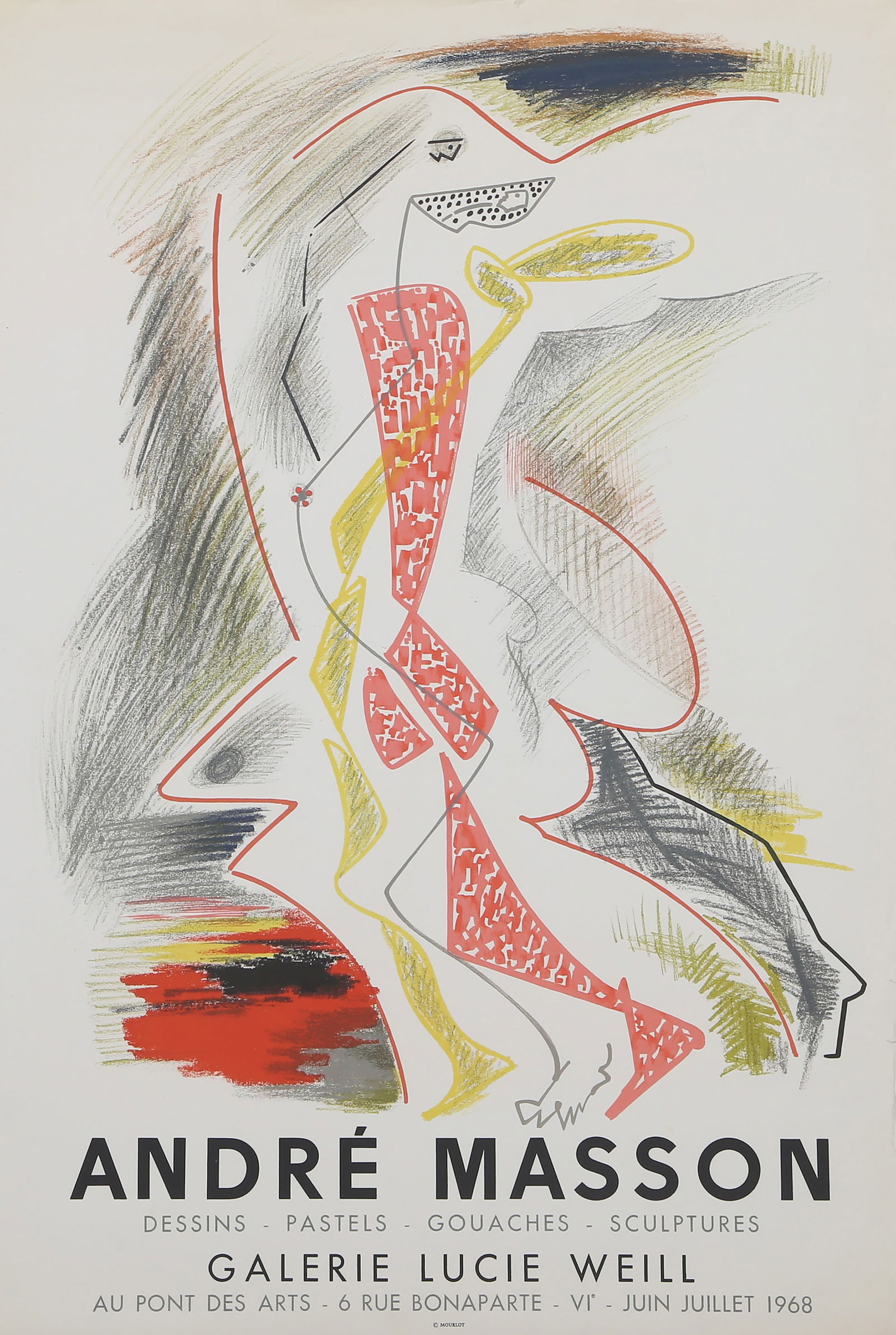 Andre Masson, Exhibition at Galerie Lucie Weill, Lithograph Poster: Artist: Andre Masson, French (1896 - 1987) Title: Exhibition at Galerie Lucie Weill Year: 1968 Medium: Lithograph Poster Size: 30 x 20.5 in. (76.2 x 52.07 cm) Printer: Mourlot, Paris Description: From