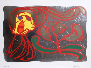 Karel Appel, Floating Silver Passion, Screenprint on Foil mounted to Board