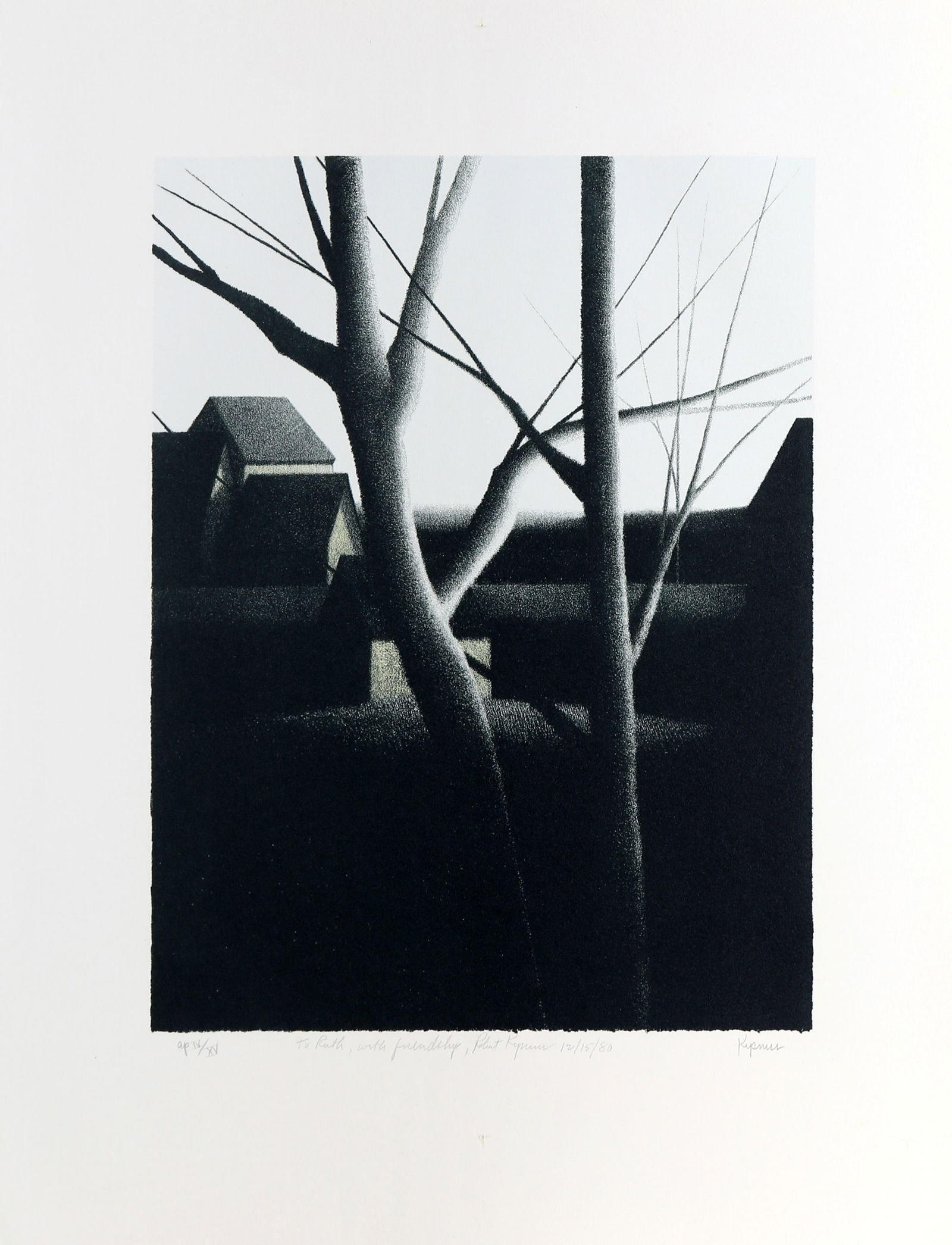 Robert Kipniss, Trees and Rooftops, Lithograph: Artist: Robert Kipniss, American (1931 - ) Title: Trees and Rooftops Year: 1980 Medium: Lithograph, signed, numbered and titled in pencil Edition: AP IV/XV Image Size: 13 x 10 inches Size: 18.5 x 14.5