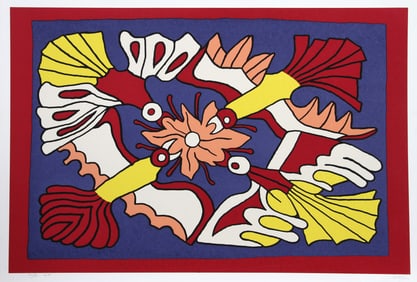 Victor Delfin, Four Red Birds and a Flower, Screenprint