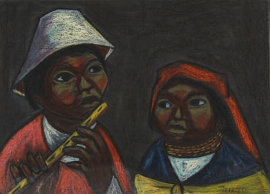 Arturo Nieto, Boy Playing Flute with Girl, Gouache on Paper
