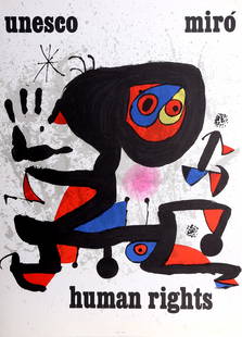 Joan Miro, UNESCO: Human Rights, Lithograph Poster: Artist: Joan Miro, Spanish (1893 - 1983) Title: UNESCO: Human Rights Year: 1978 Medium: Lithograph Poster Edition: 8500 Size: 29 x 21.5 in. (73.66 x 54.61 cm) Printer: UNESCO, Paris Publisher: Arte Pa