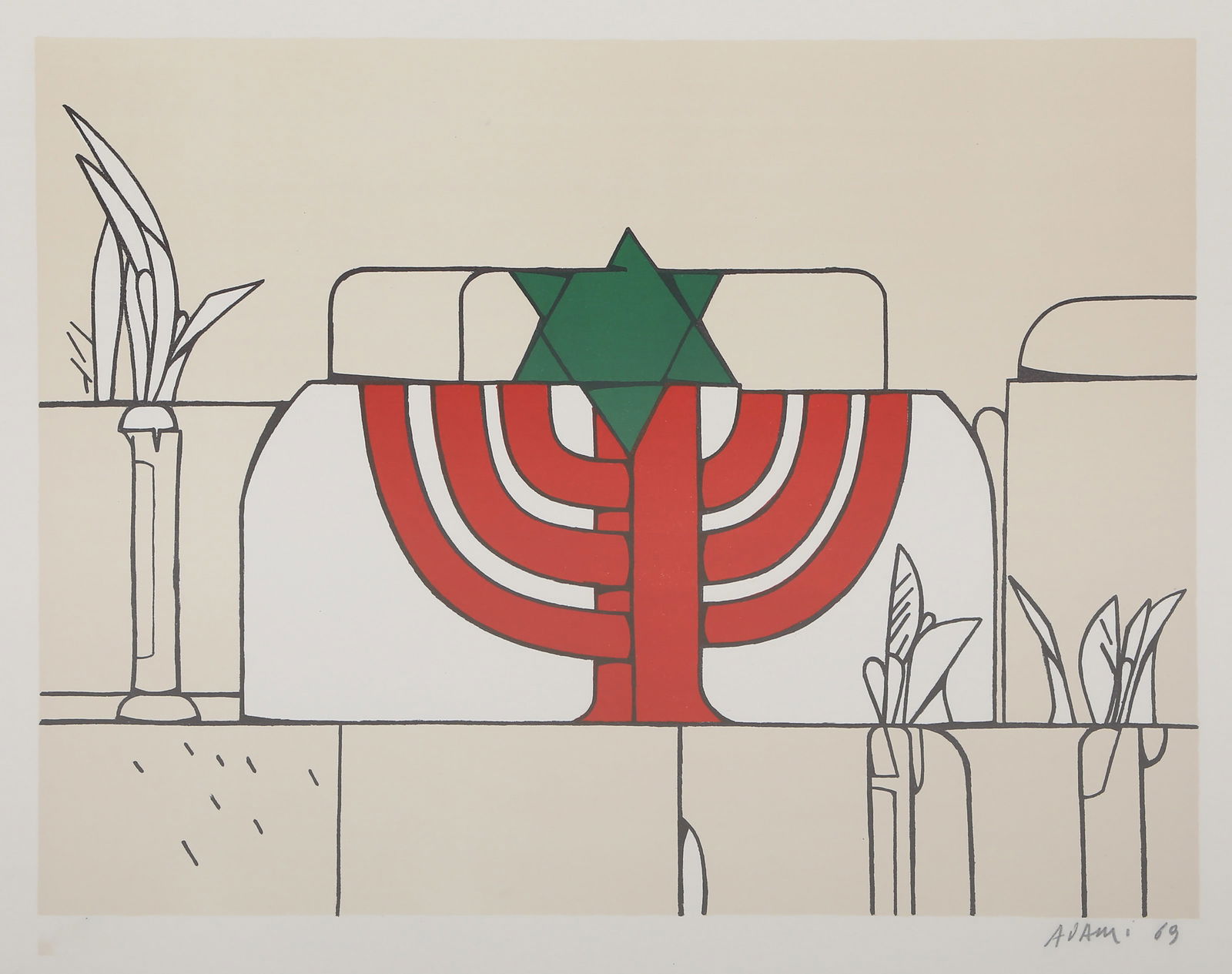 Valerio Adami, Homage to Israel, Lithograph: Artist: Valerio Adami, Italian (1935 - ) Title: Homage to Israel Year: 1969 Medium: Lithograph, signed, numbered and dated in pencil Edition: 90 Image Size: 14 x 19 inches Size: 19.75 x 23.5 in. (50.1